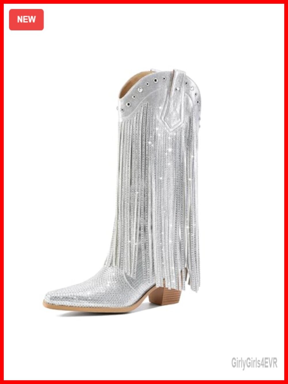 Faux Leather Rhinestone Fringe Cowgirl Boots, Sparkly Western Pointed Toe